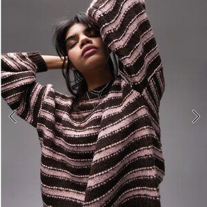 Topshop knitted textured stripe sweater in chocolate and pink